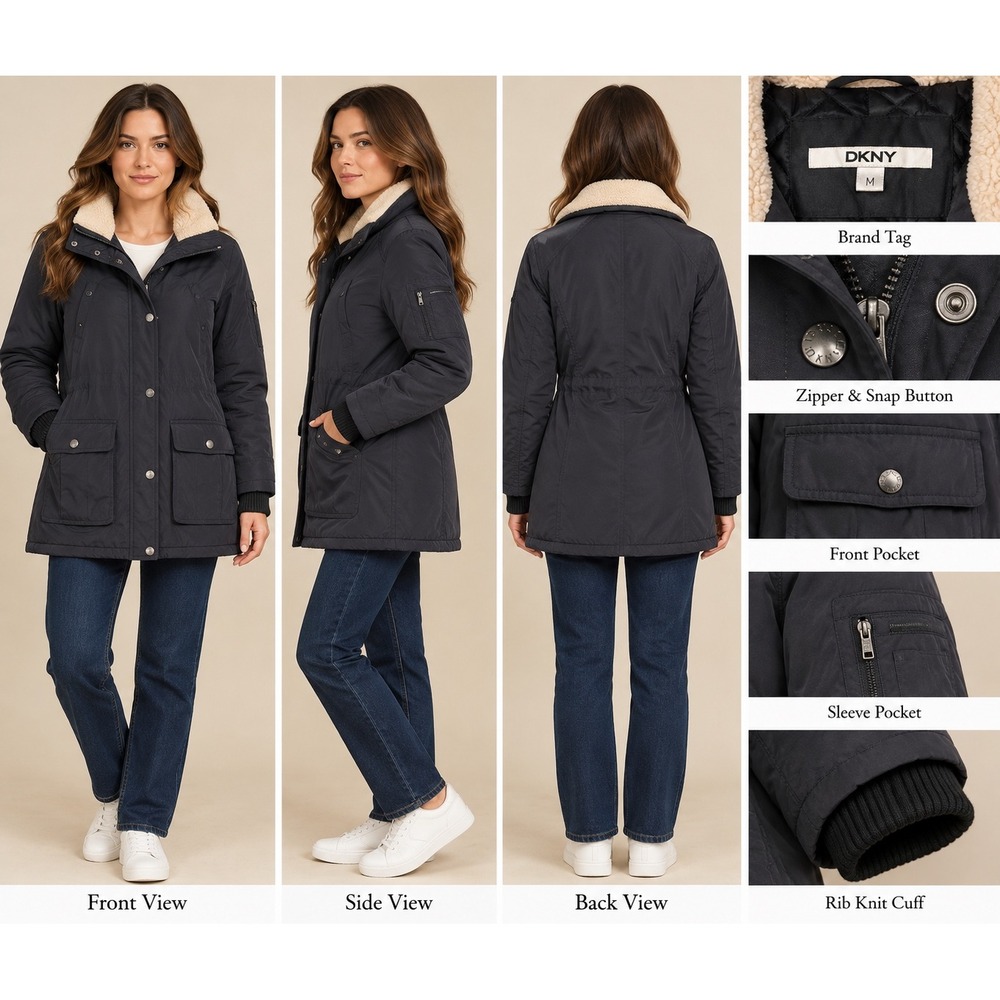 DKNY Parka Jacket Womens Medium Navy Blue Minimalist Elevated Basics Sherpa Trim